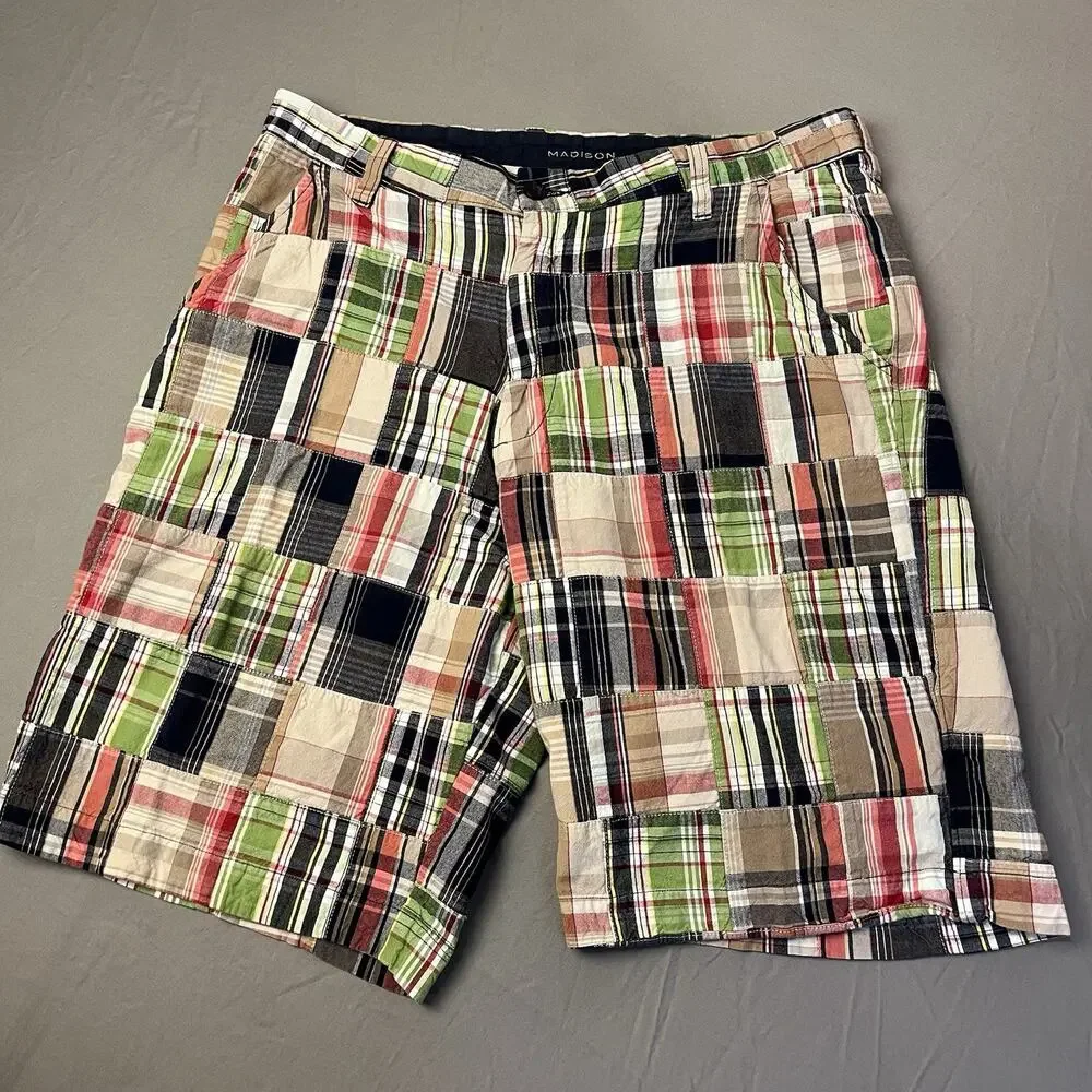 Madison Men's Size 34 Shorts Plaid Patchwork Multicolor Cotton Madras Beach